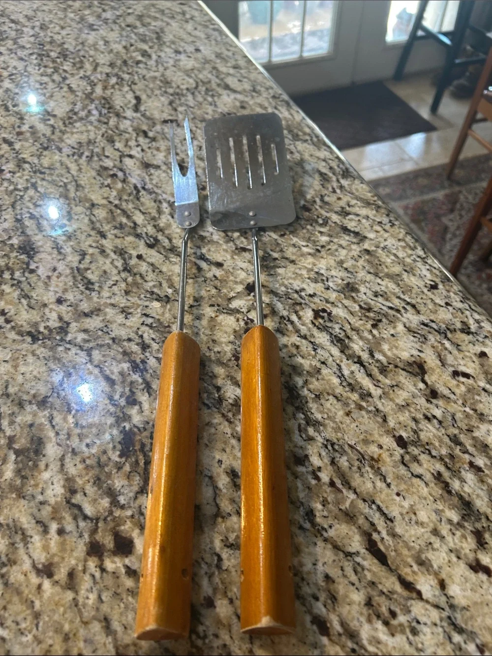 Wood-Handled Spatula and Fork Grill Set - Brown